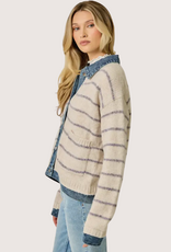 MYSTREE Striped Denim Hem Sweater Jacket Oatmeal