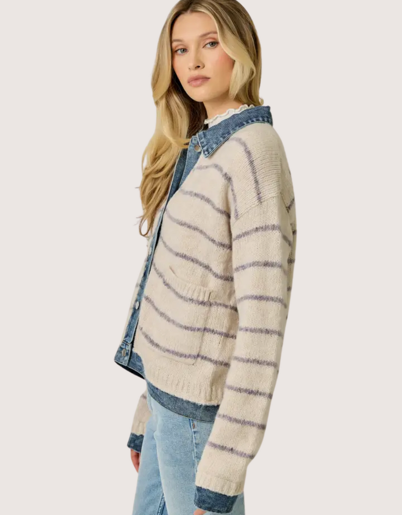 MYSTREE Striped Denim Hem Sweater Jacket Oatmeal