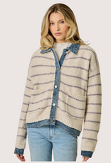MYSTREE Striped Denim Hem Sweater Jacket Oatmeal