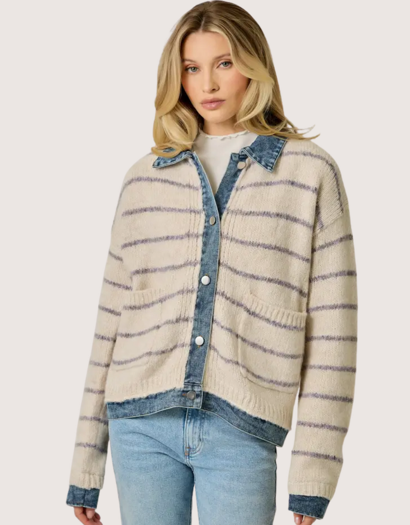 MYSTREE Striped Denim Hem Sweater Jacket Oatmeal