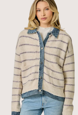 MYSTREE Striped Denim Hem Sweater Jacket Oatmeal