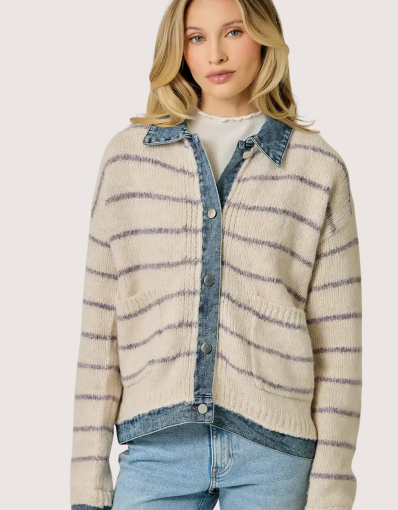 MYSTREE Striped Denim Hem Sweater Jacket Oatmeal