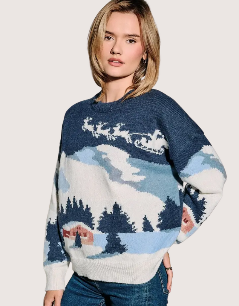 Sunday Edition Ski Village Landscape Crew Neck Knit Sweater