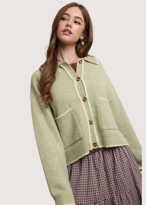 WISHLIST Contrast Trim Collared Sweater Cardigan