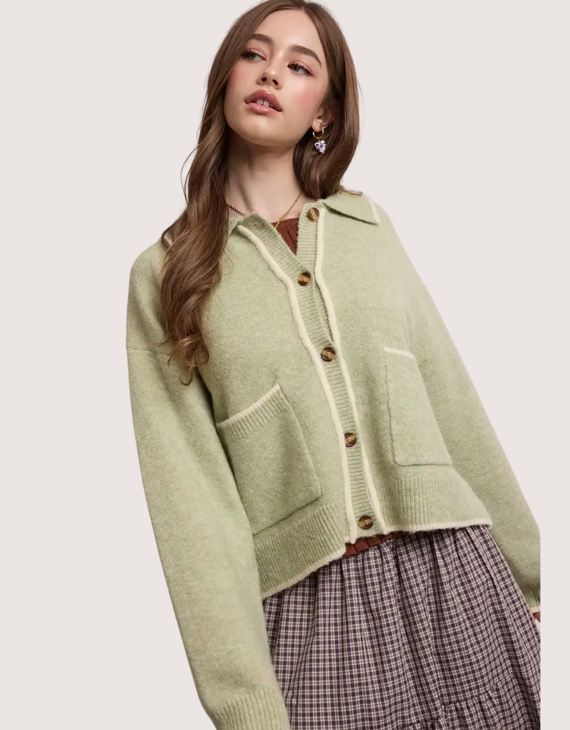 WISHLIST Contrast Trim Collared Sweater Cardigan