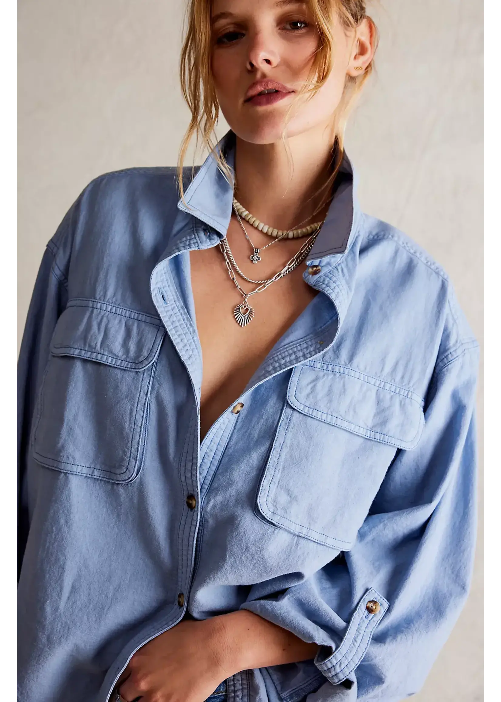 Free People MADE FOR SUN LINEN SHIRT / FADED DENIM