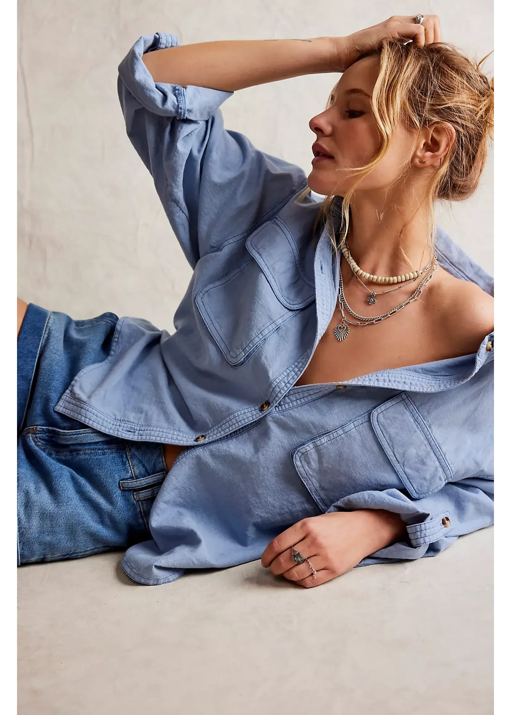 Free People MADE FOR SUN LINEN SHIRT / FADED DENIM