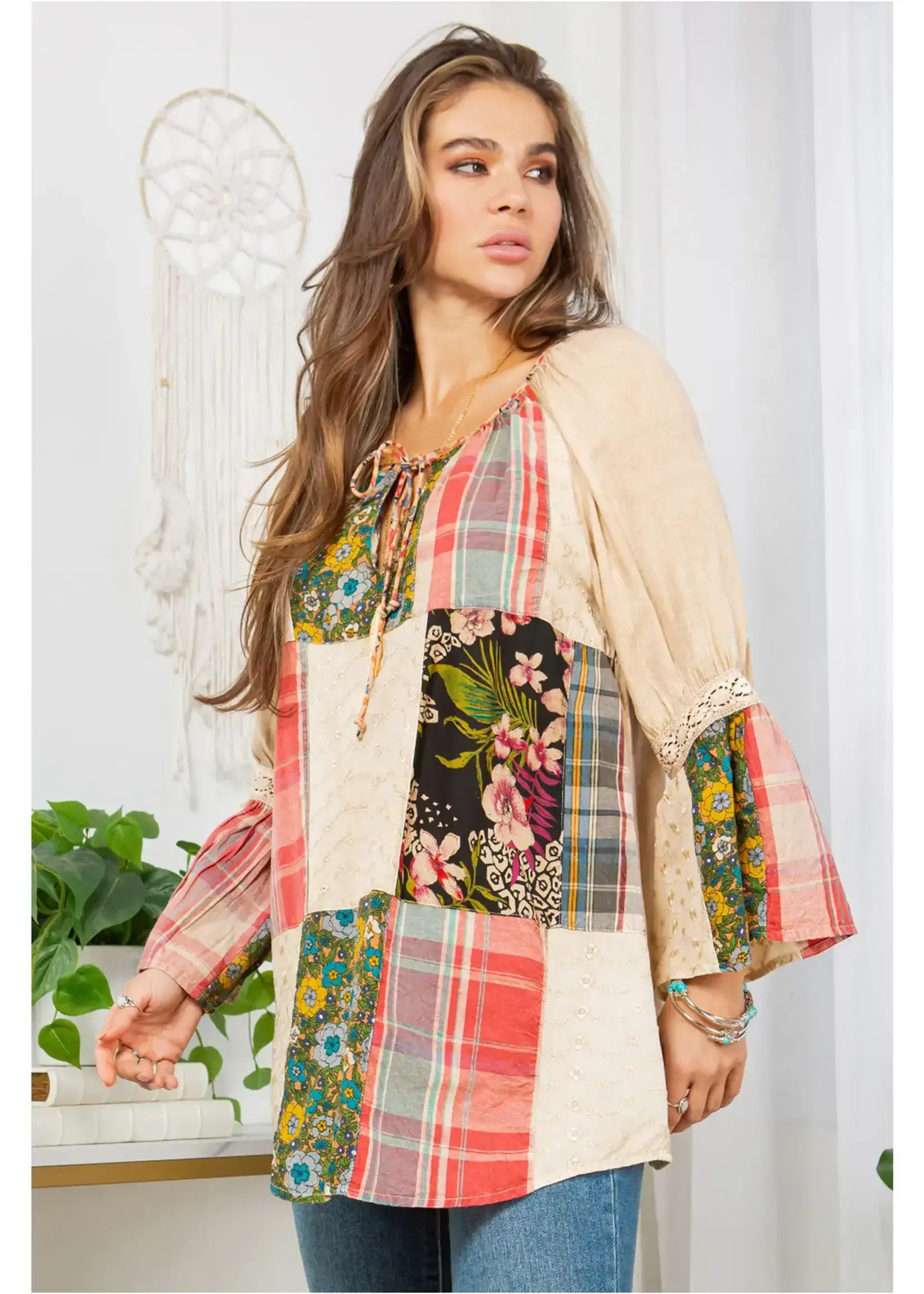 UYT Imports Peasant Top w/Print Checks (Latte)