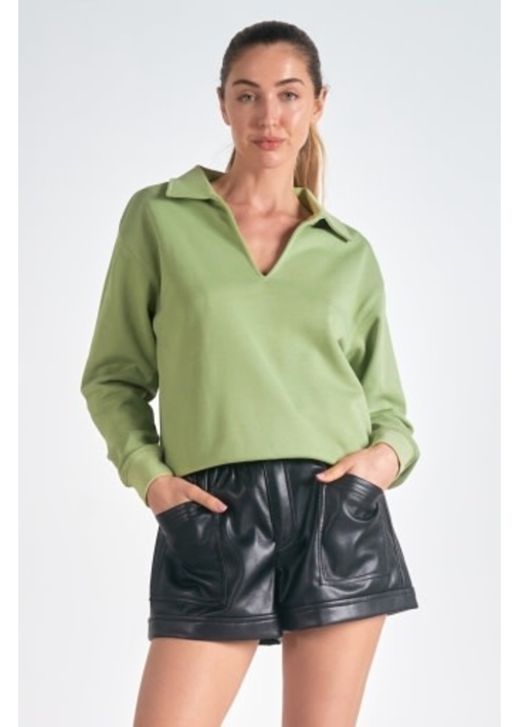 Elan Long Sleeve Collared Top (Green)