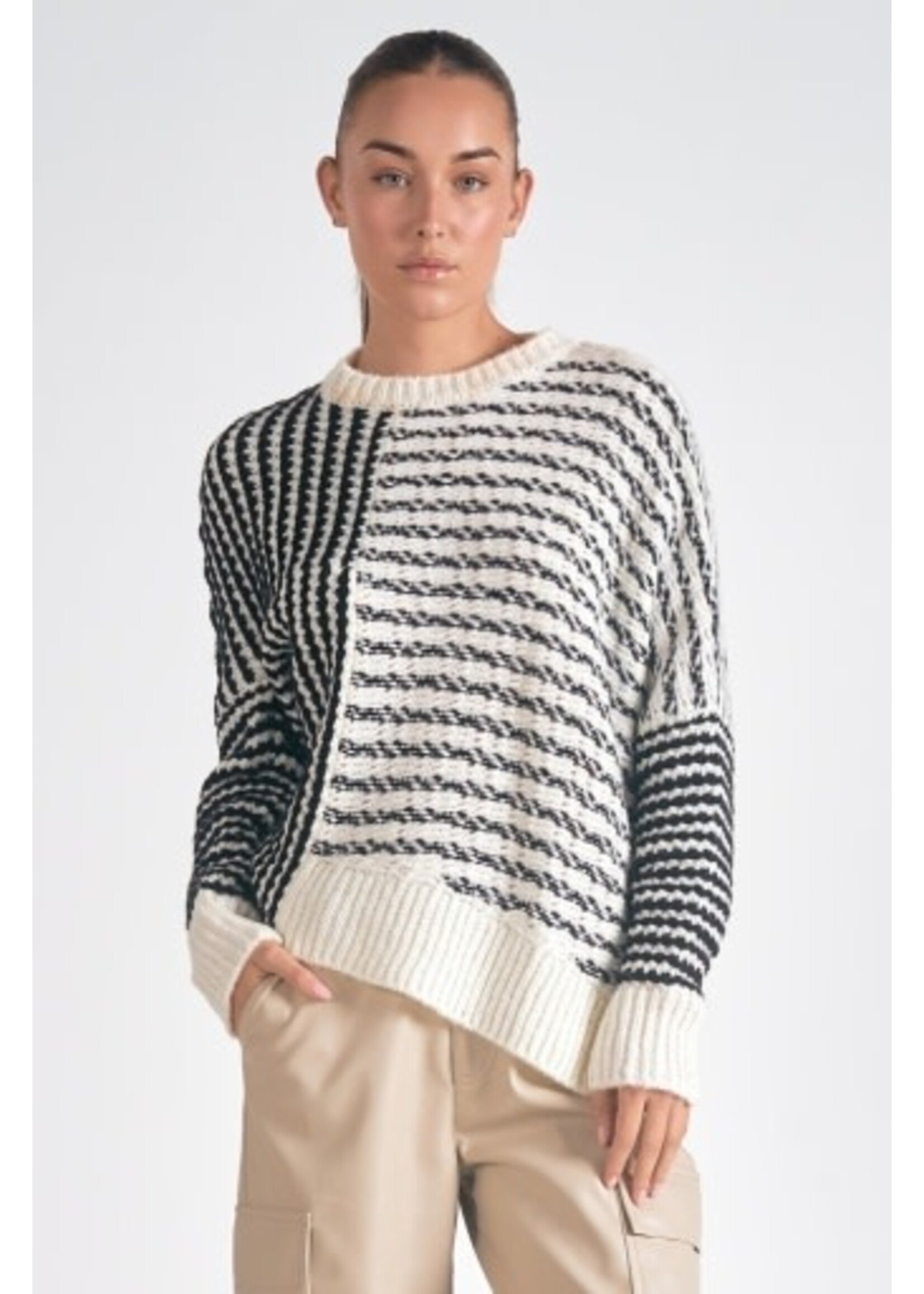 Elan Asymmetrical Sweater (Black White Stripe)