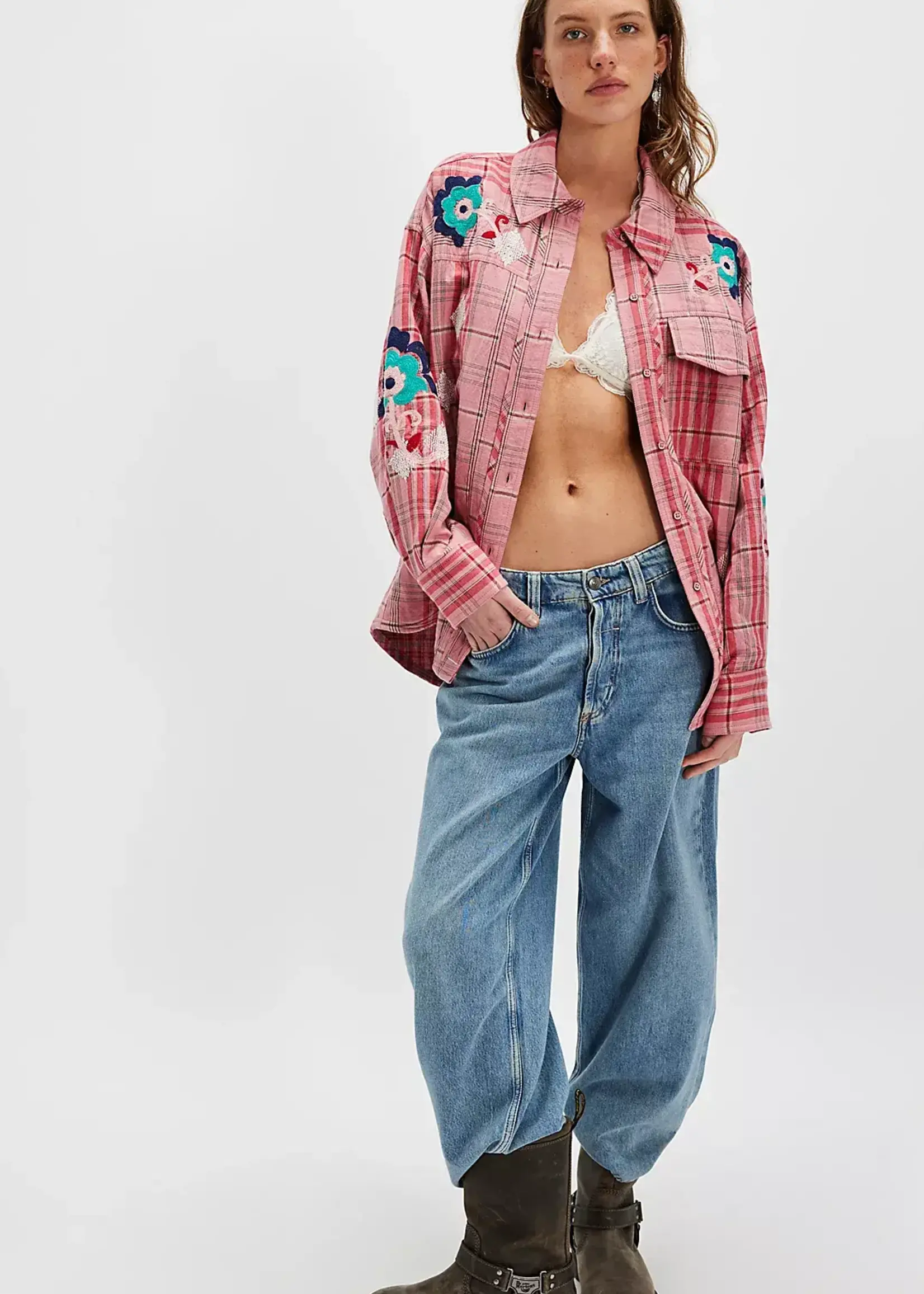 EMBROIDERED SASHIKO SHIRT / PINK COMBO