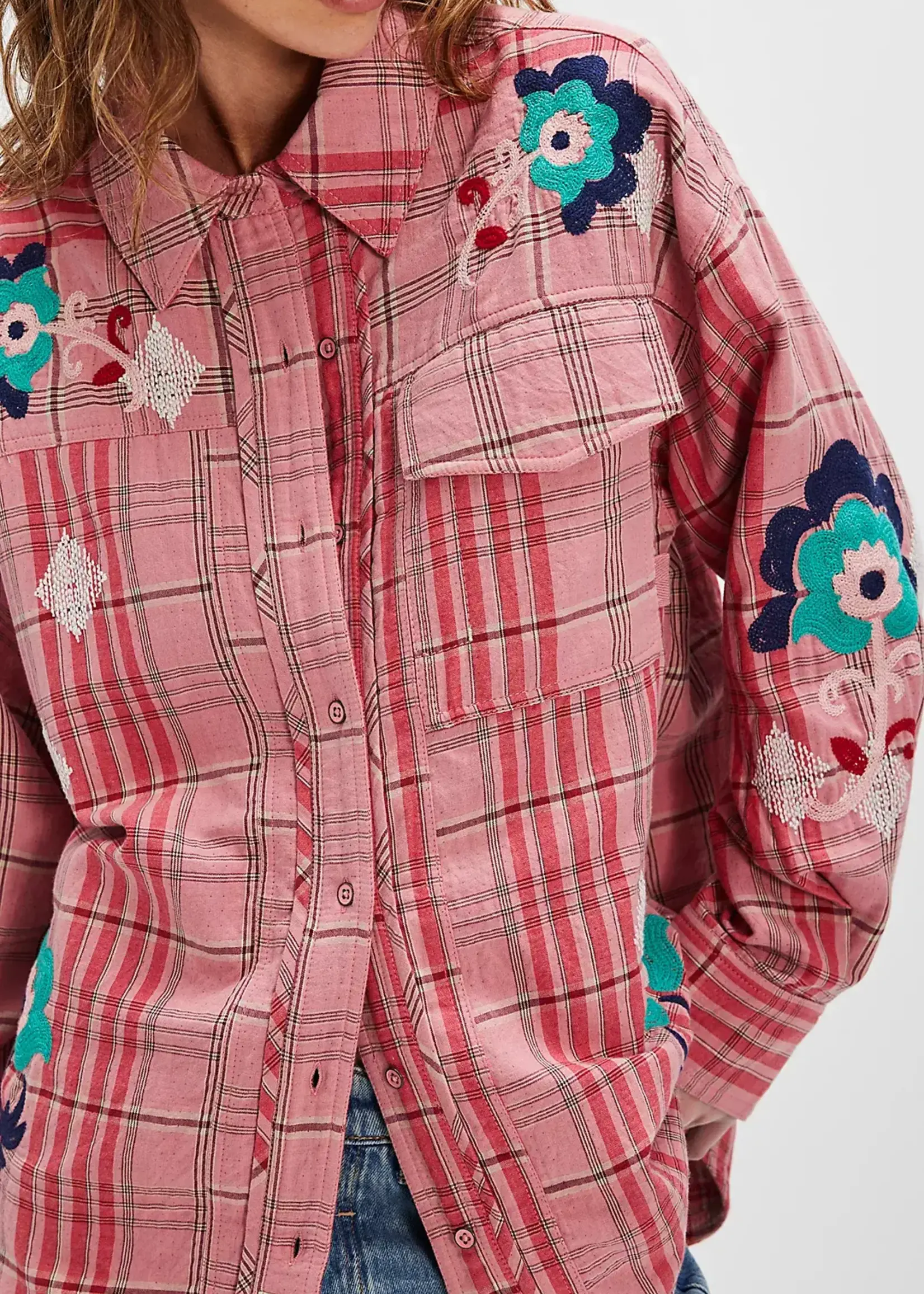 EMBROIDERED SASHIKO SHIRT / PINK COMBO