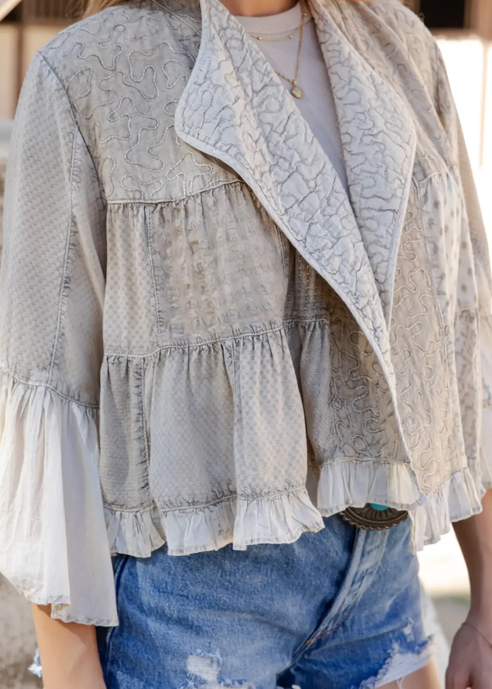 UYT Imports Ruffle Bell Sleeve Emb Textured Top (Latte)