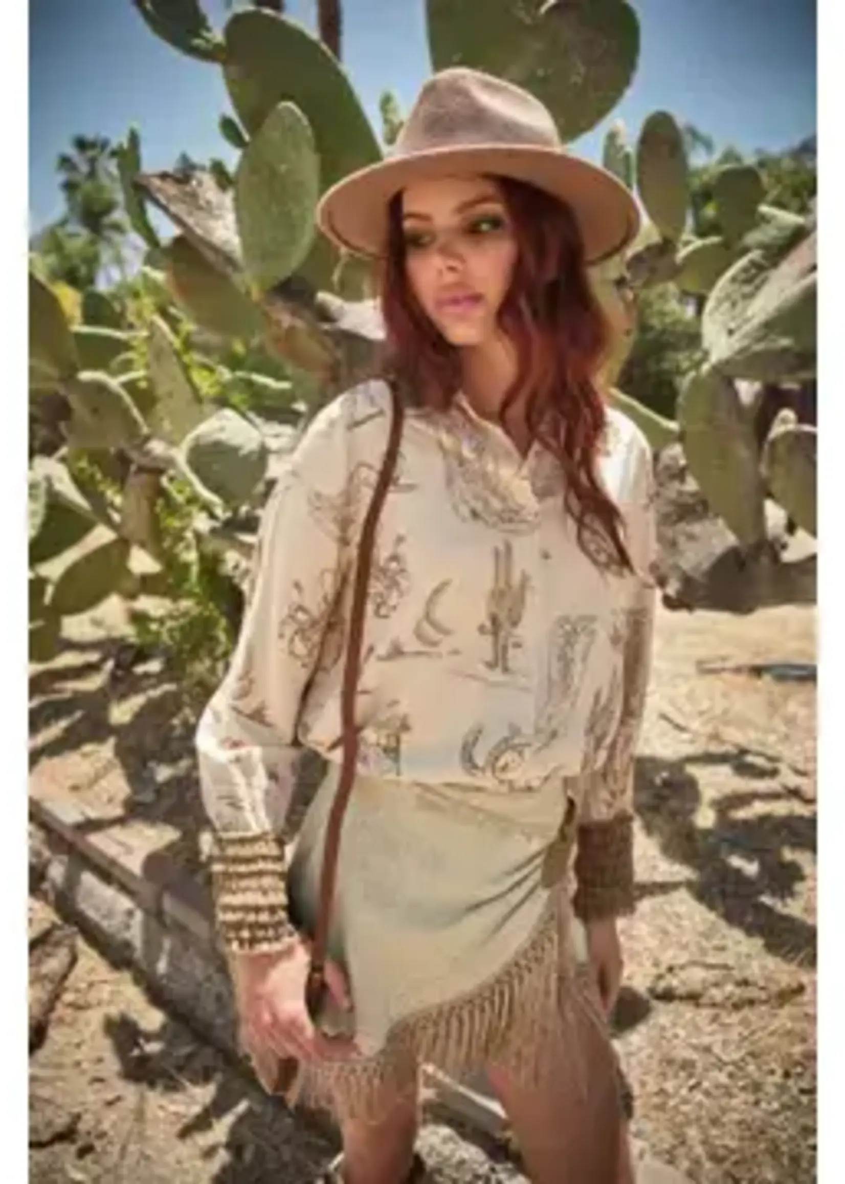 Blue B Western Print Ruffle Cuff Shirt (Taupe)