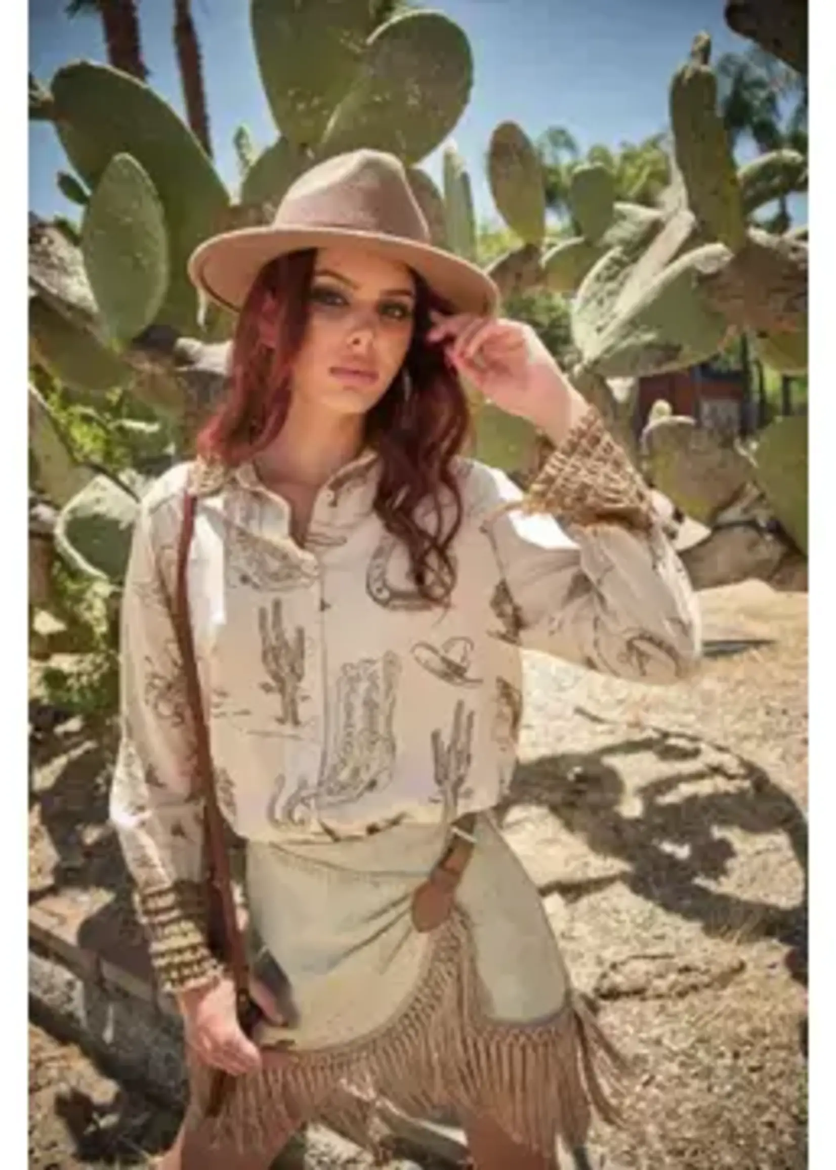 Blue B Western Print Ruffle Cuff Shirt (Taupe)