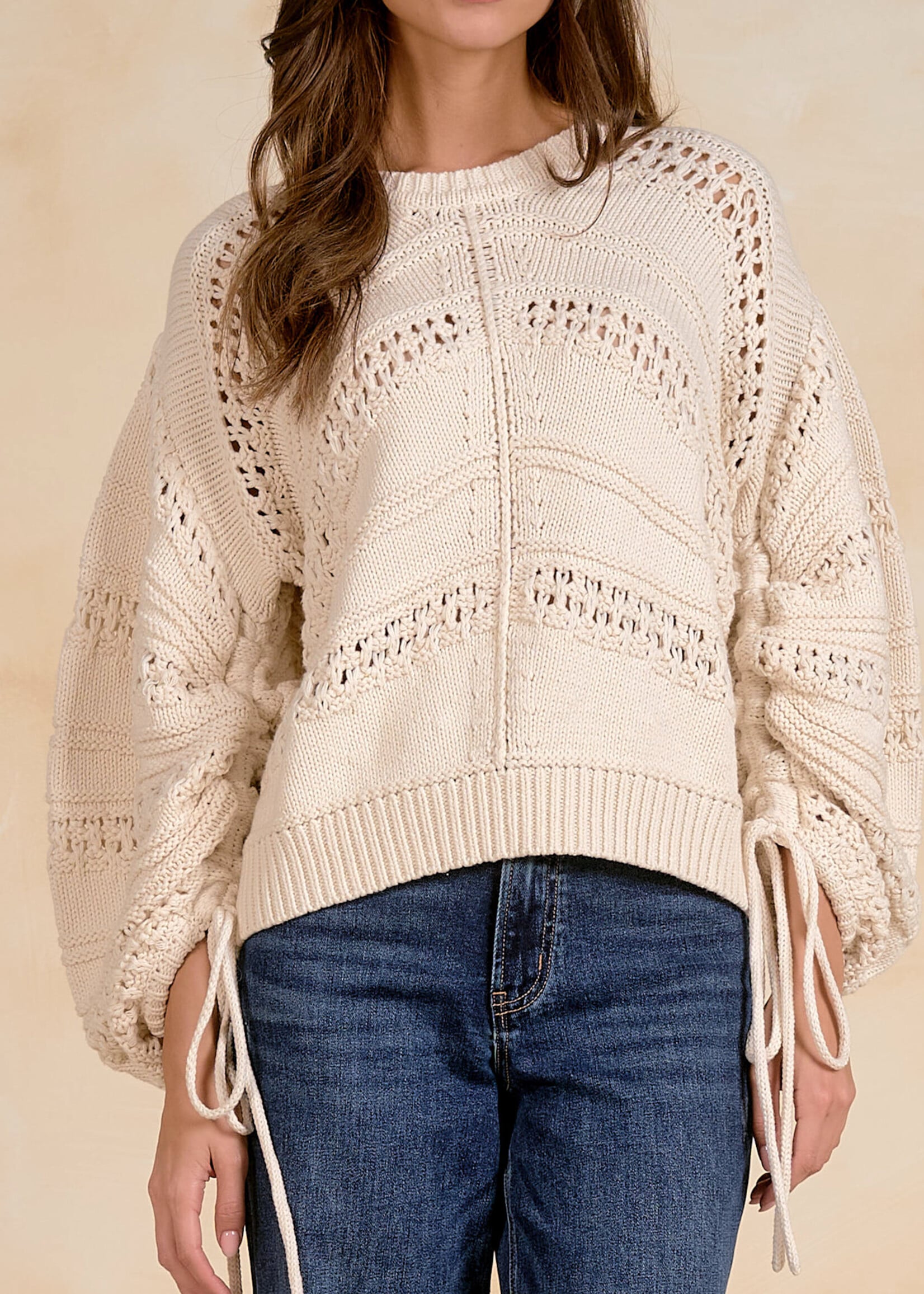 Elan Open Knit Tie Sweater (Off White)