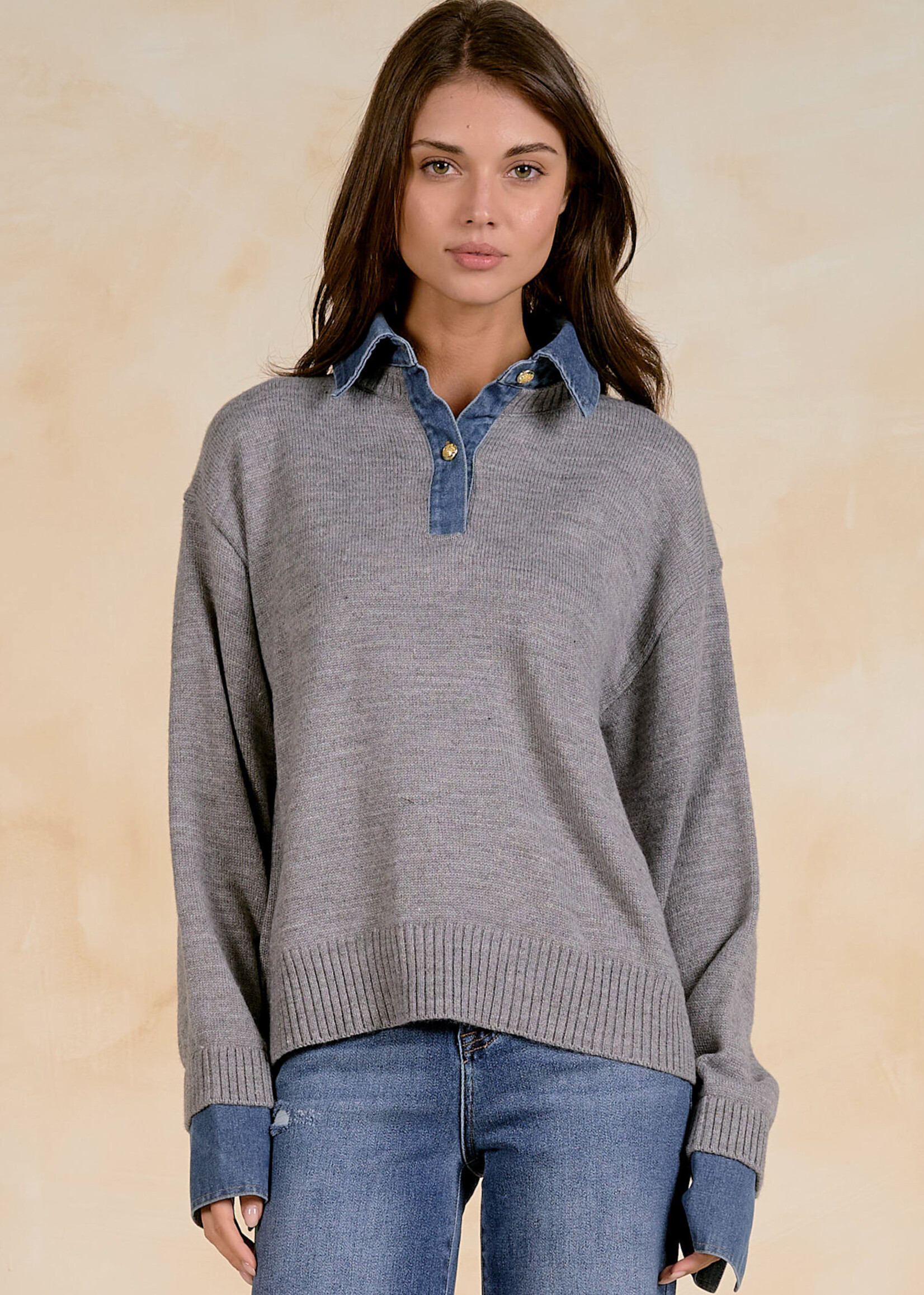 Elan Collared Denim Sweater (Grey)