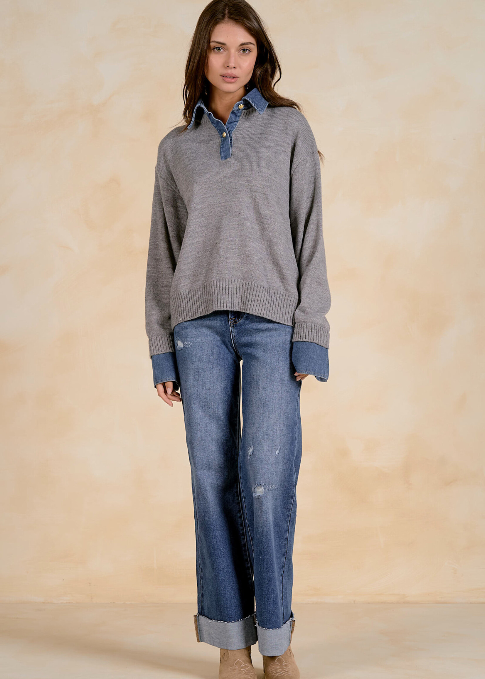 Elan Collared Denim Sweater (Grey)