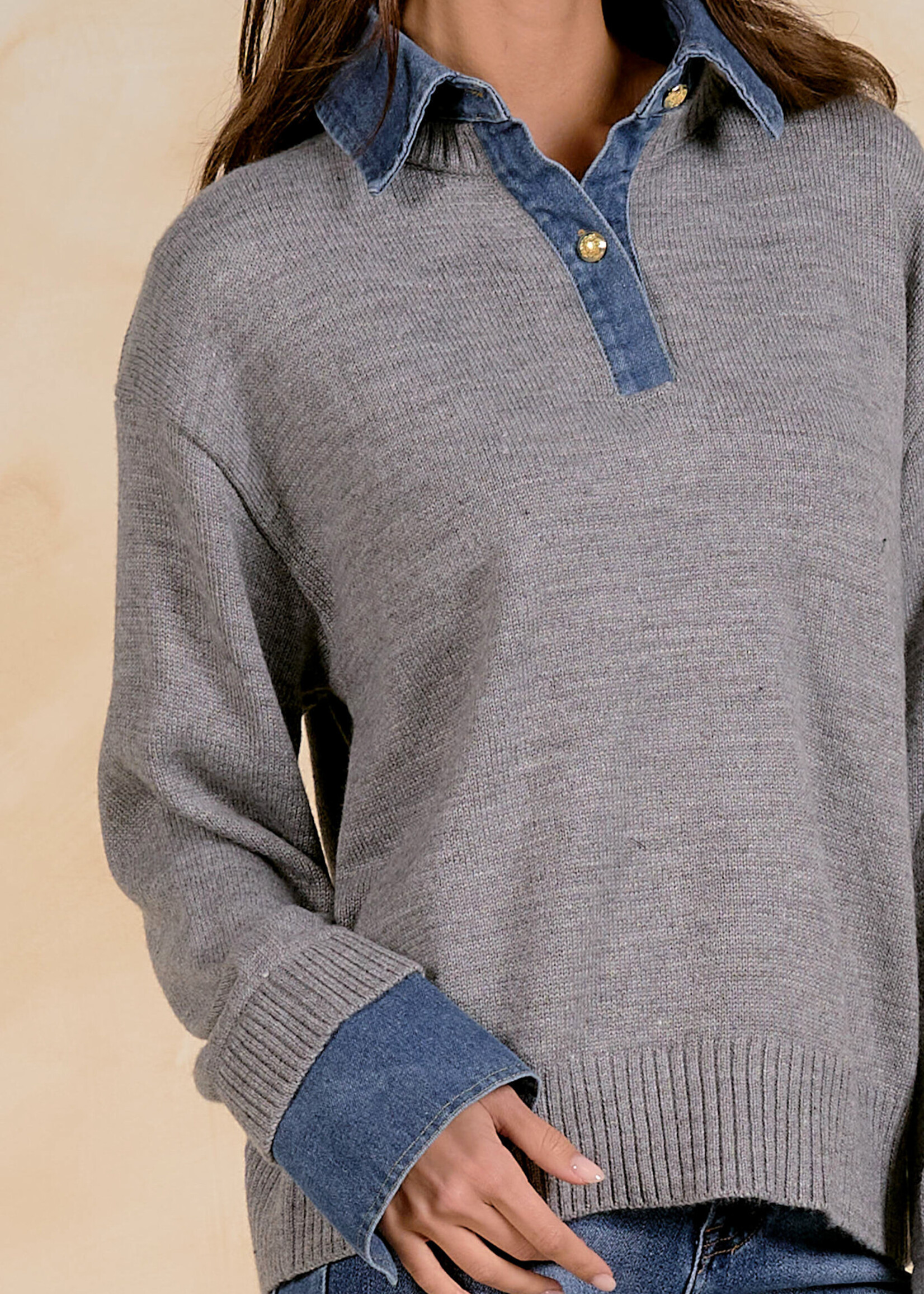 Elan Collared Denim Sweater (Grey)