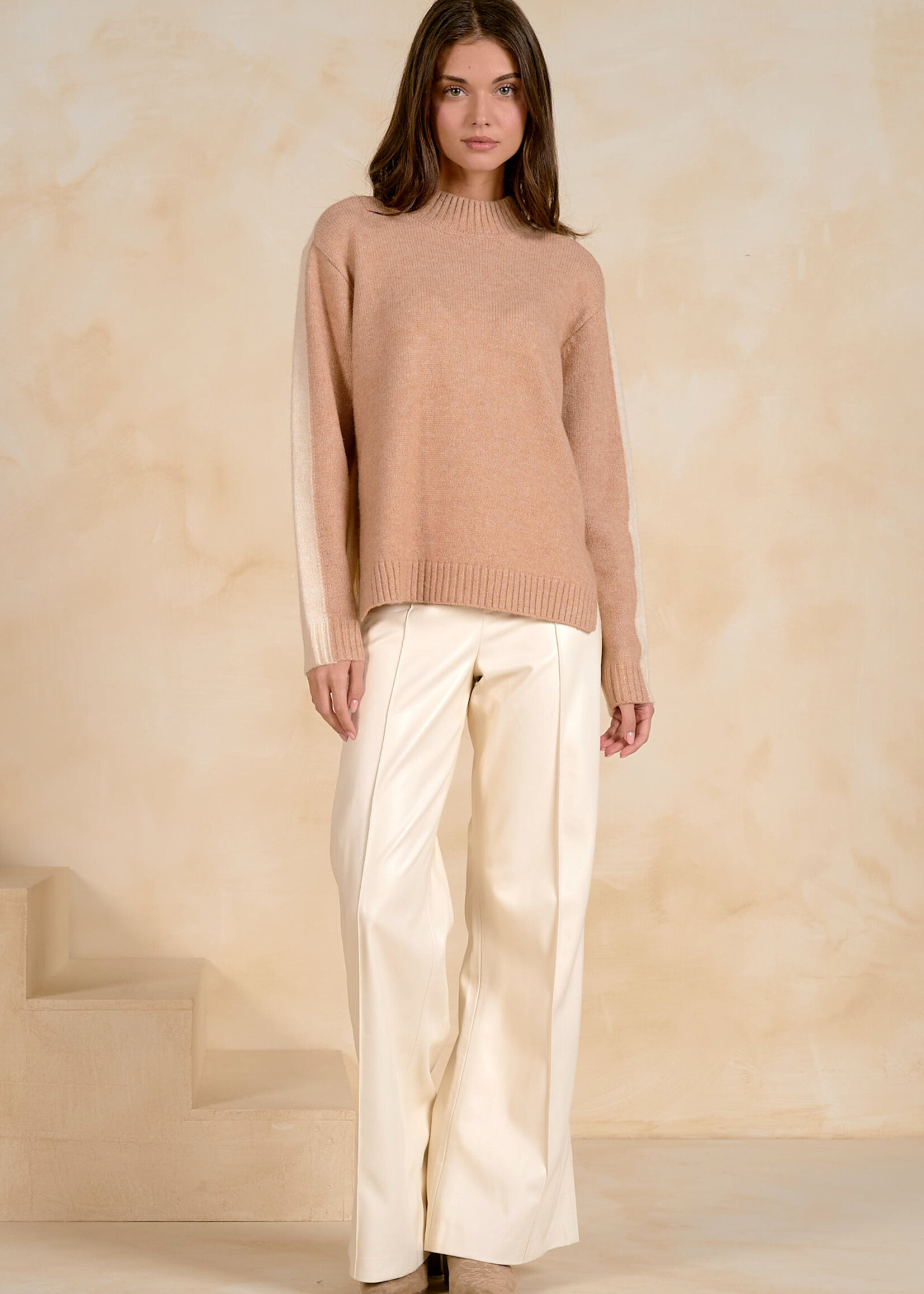Elan Color Block Sweater (Tan Two Tone)