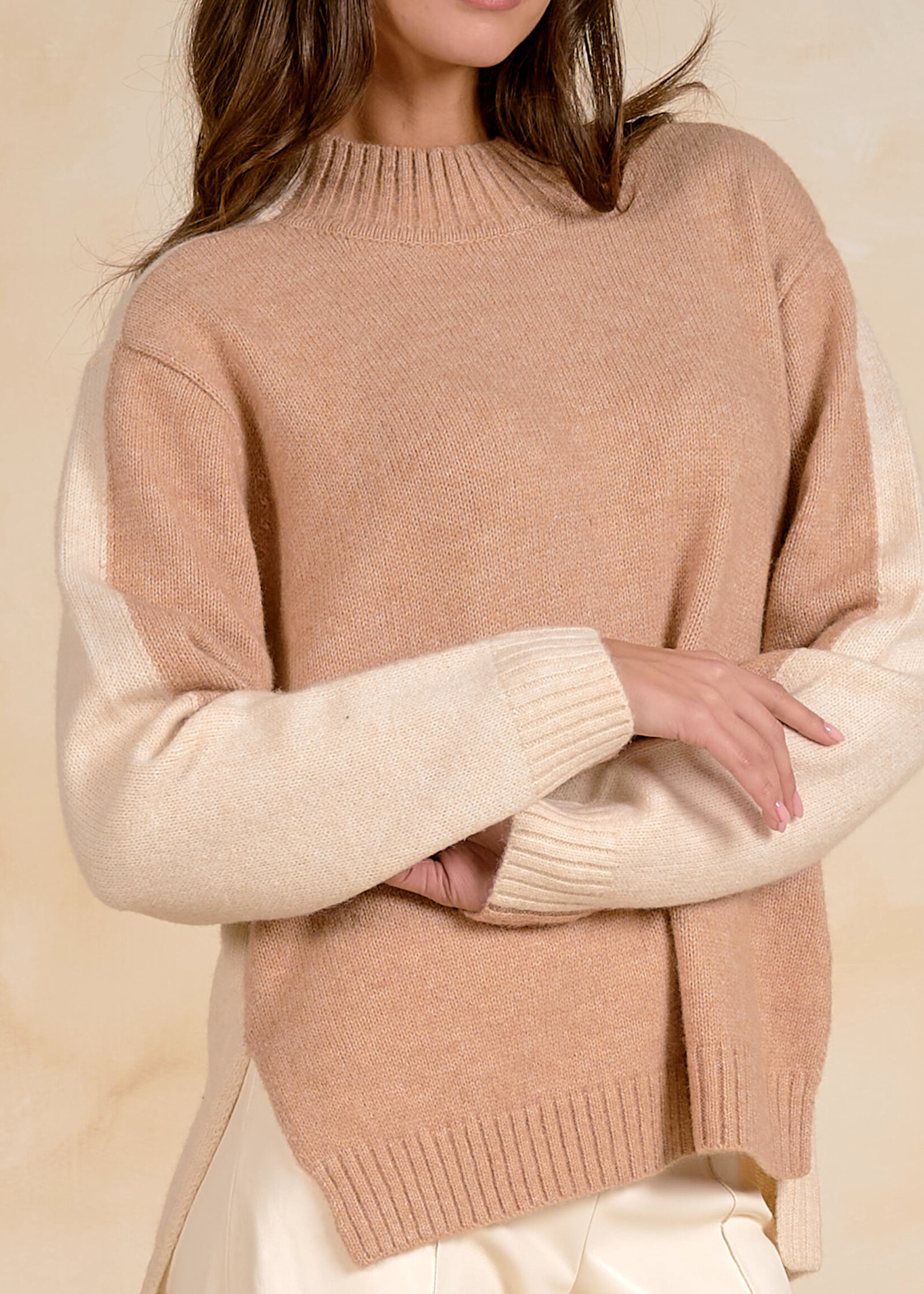 Elan Color Block Sweater (Tan Two Tone)