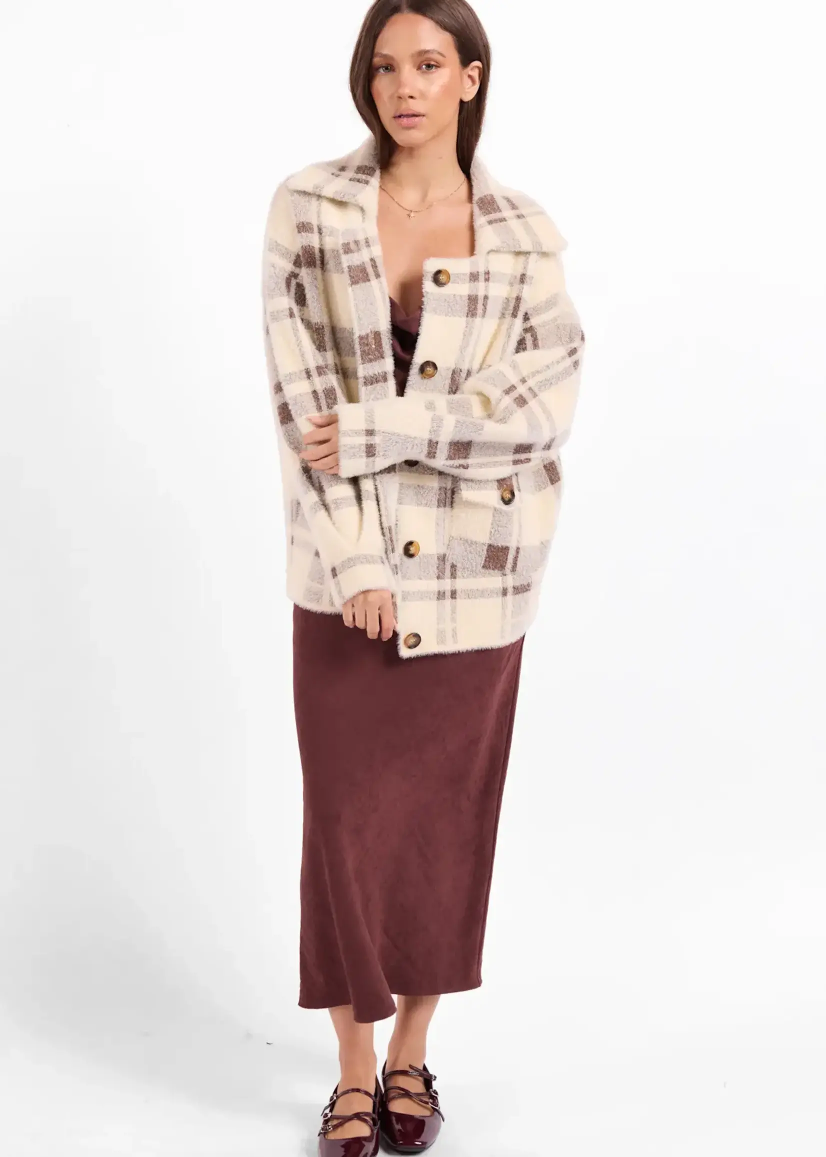 Sage The Label Lola Plaid Coat (Cream Brown)