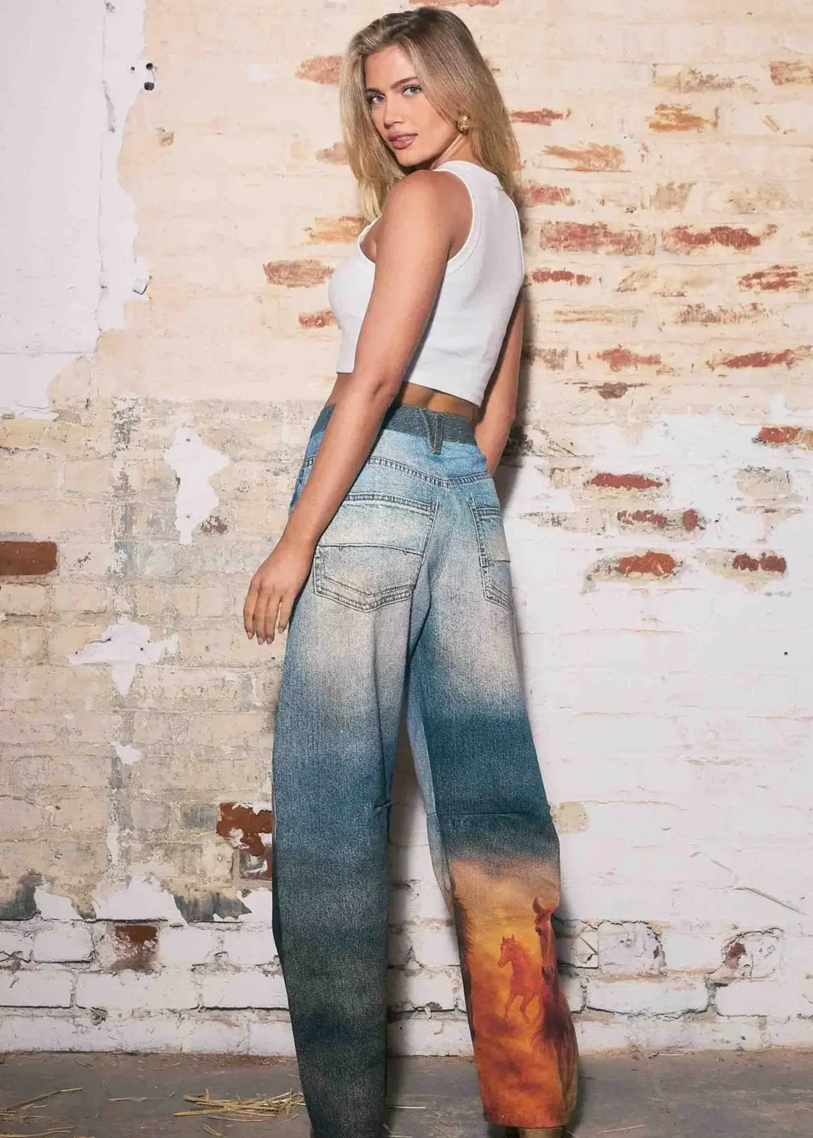 Blue B Horse Print Barrel Leg Jean (Denim)