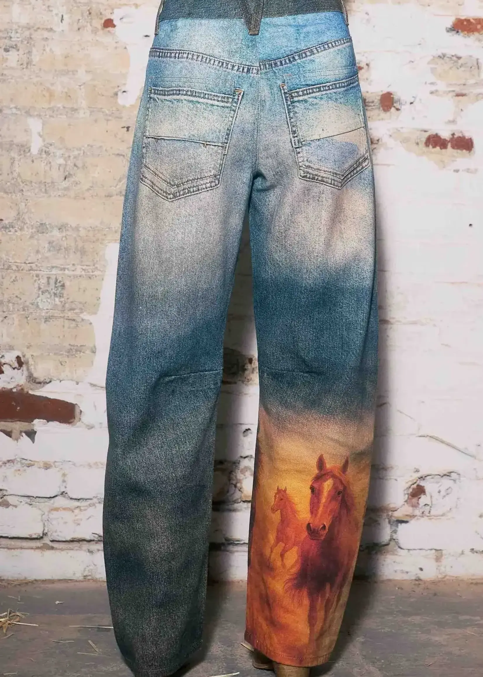 Blue B Horse Print Barrel Leg Jean (Denim)