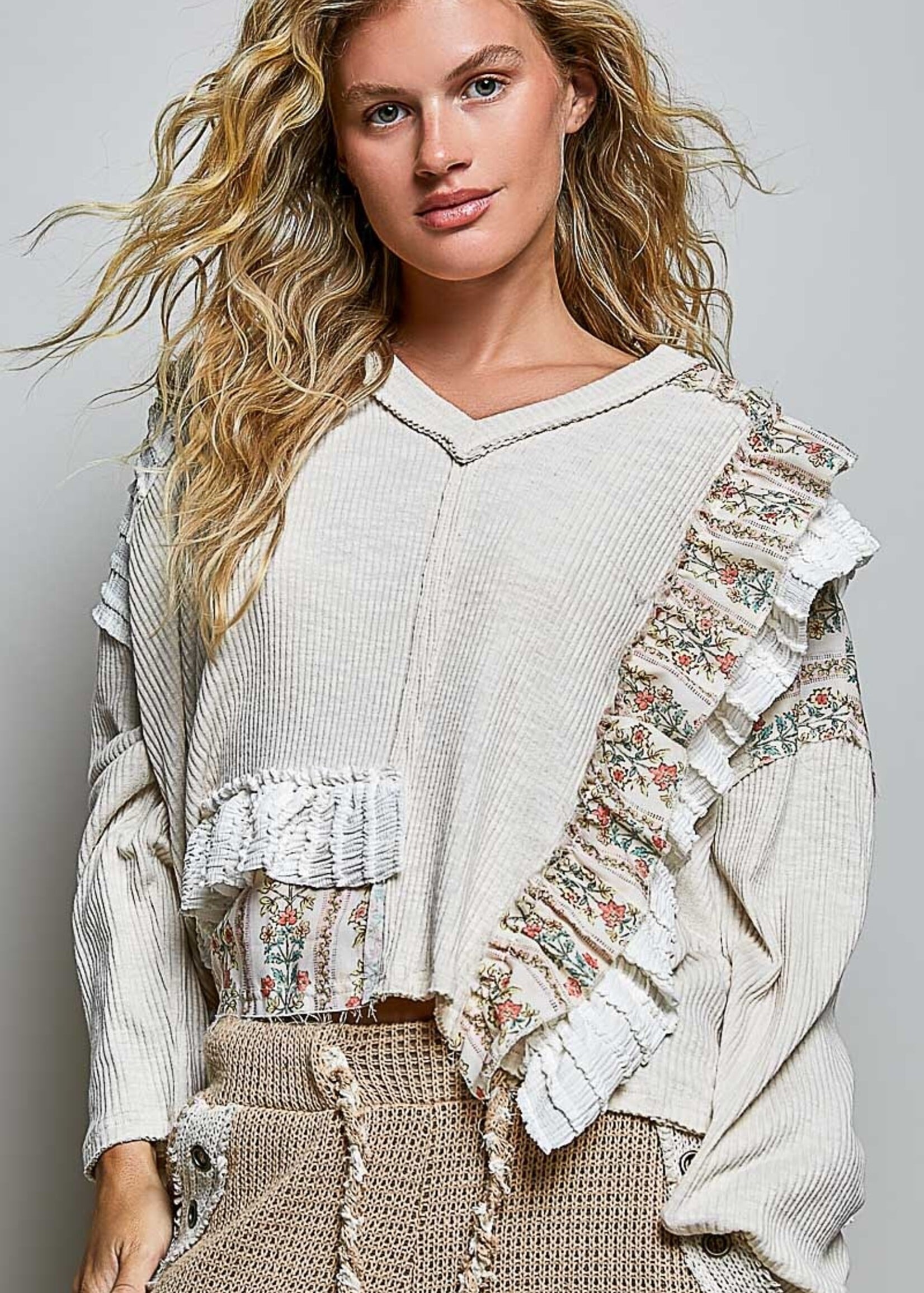 POL Floral Ruffle Trim Top (Powder Beige)