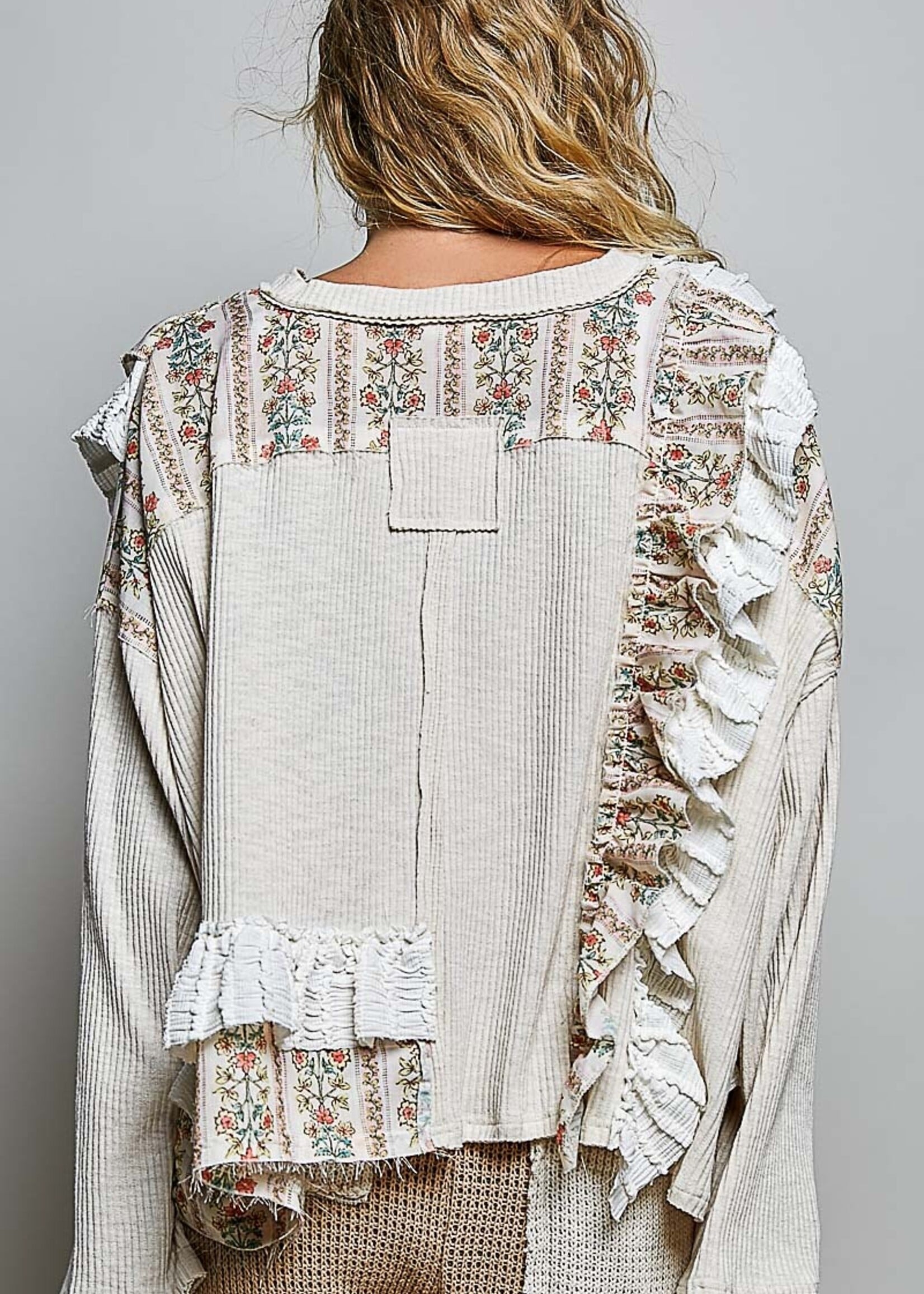 POL Floral Ruffle Trim Top (Powder Beige)