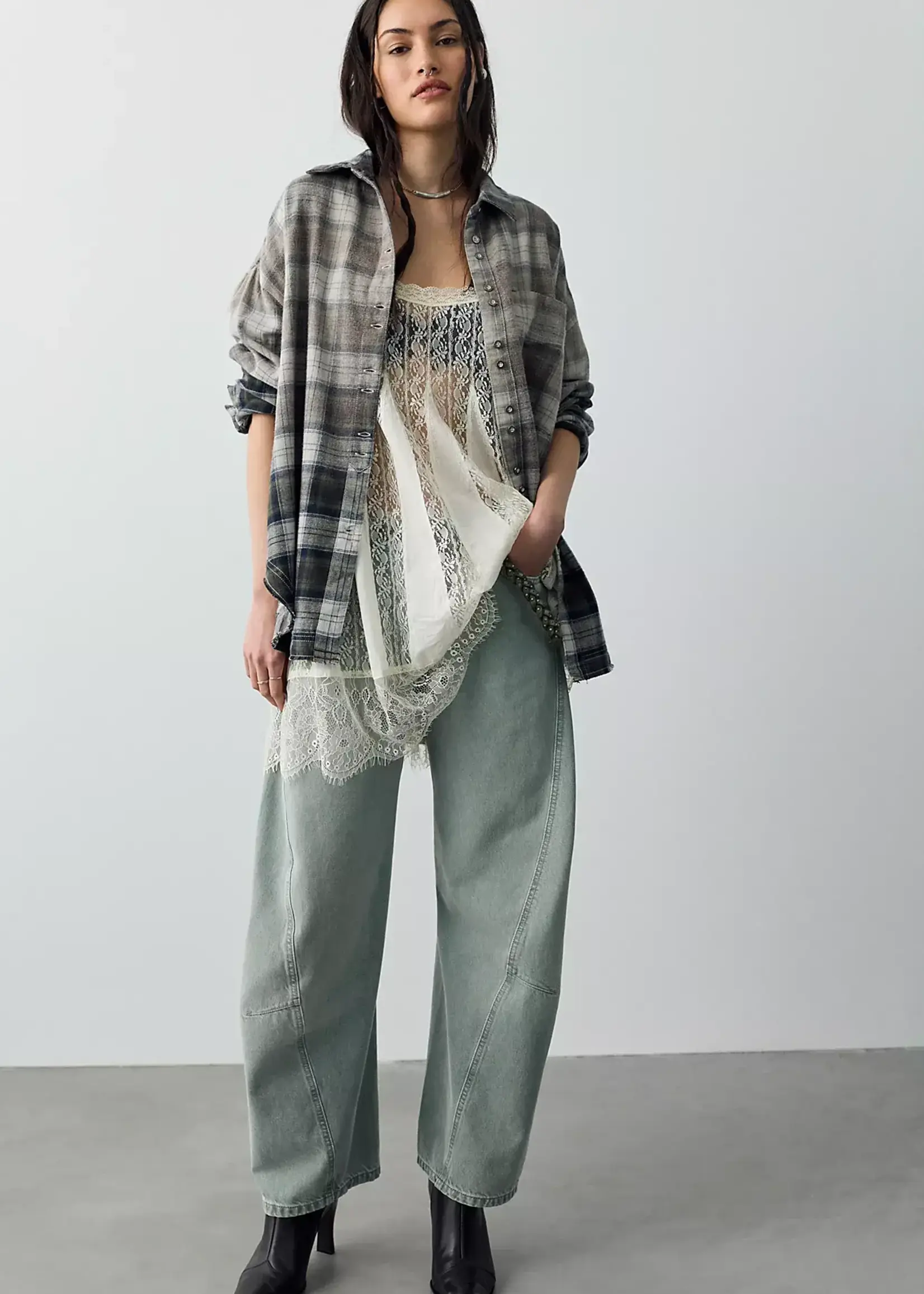 Free People Lexi Plaid Shirt (Forest Green Combo)