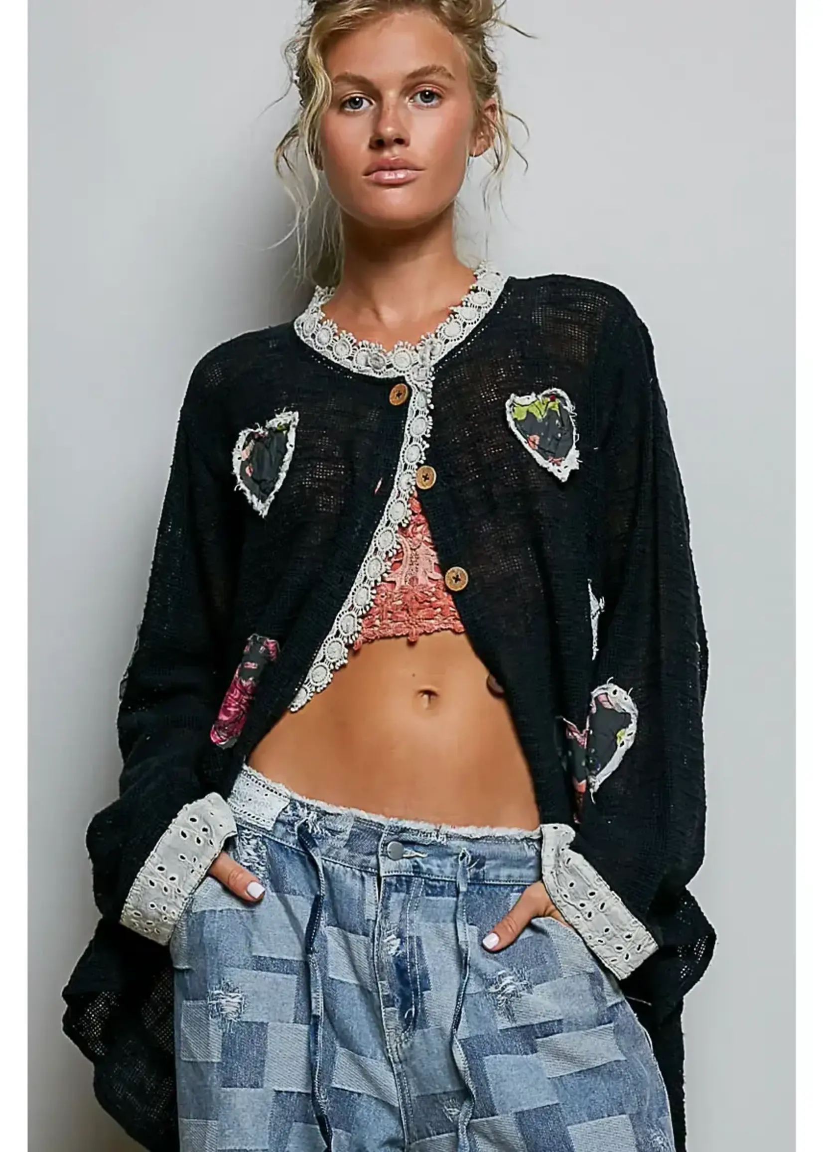POL Floral Heart and Star Appliqué Crochet Lace Trim Cardigan (Black)