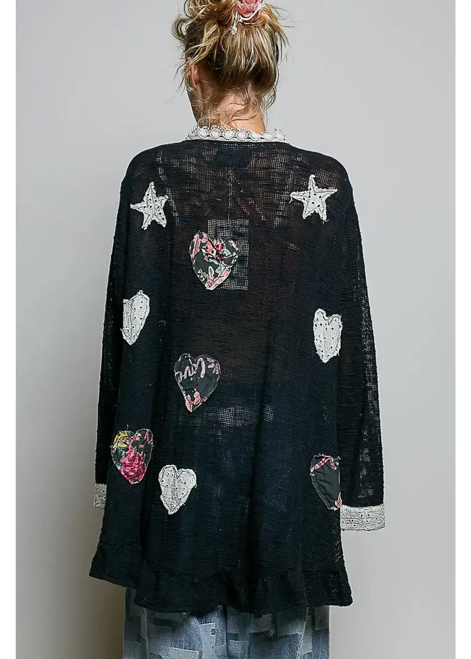 POL Floral Heart and Star Appliqué Crochet Lace Trim Cardigan (Black)