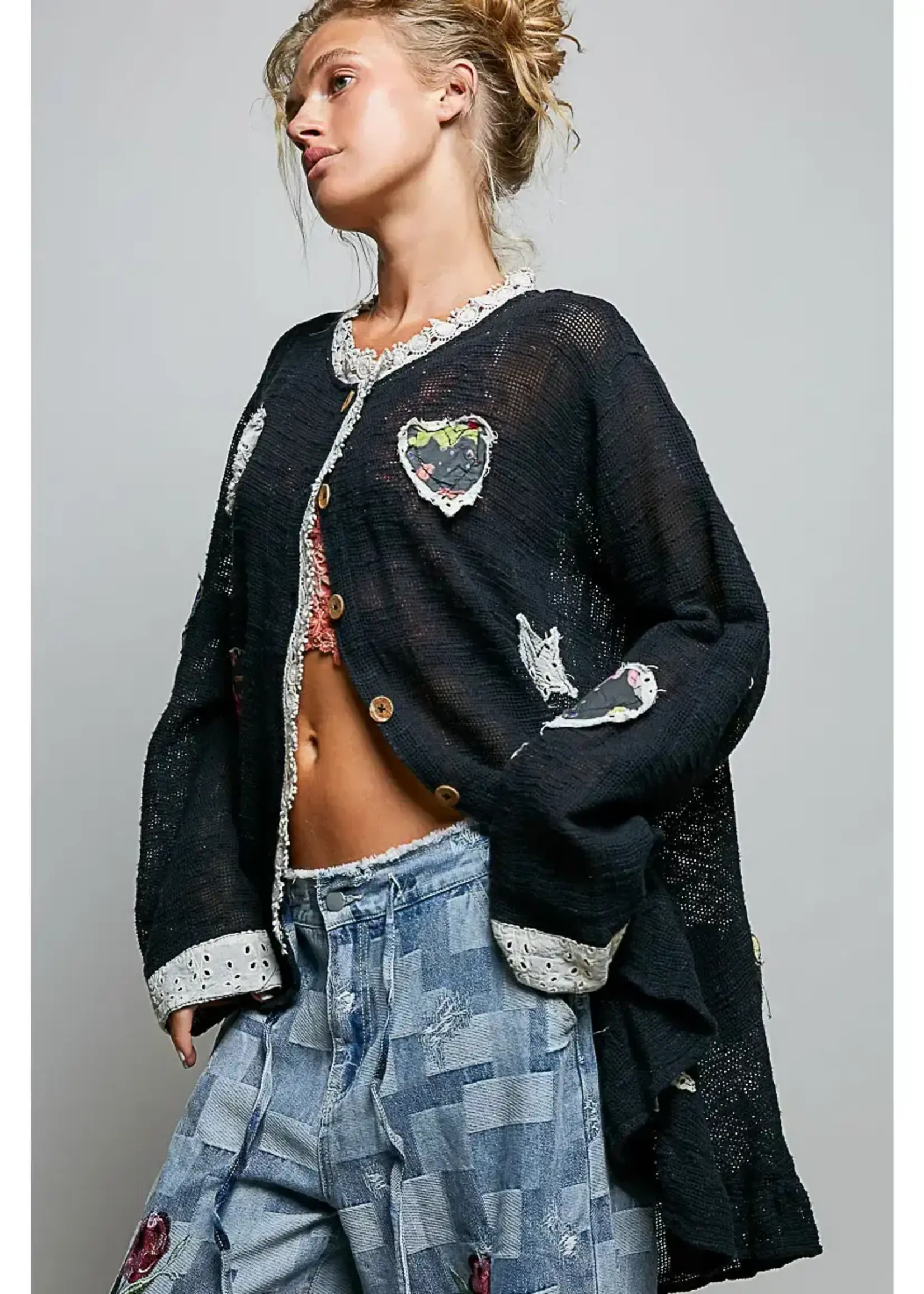 POL Floral Heart and Star Appliqué Crochet Lace Trim Cardigan (Black)