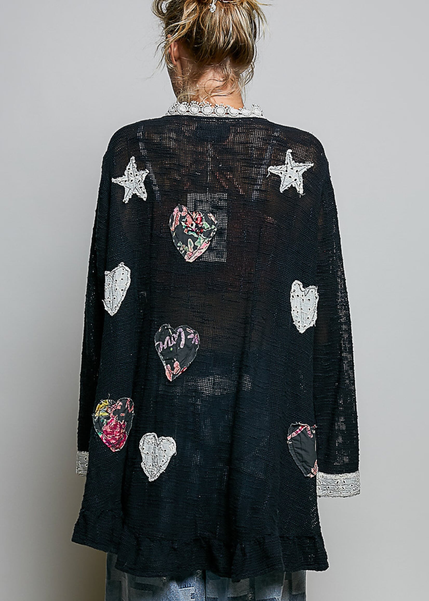 POL Floral Heart and Star Appliqué Crochet Lace Trim Cardigan (Black)