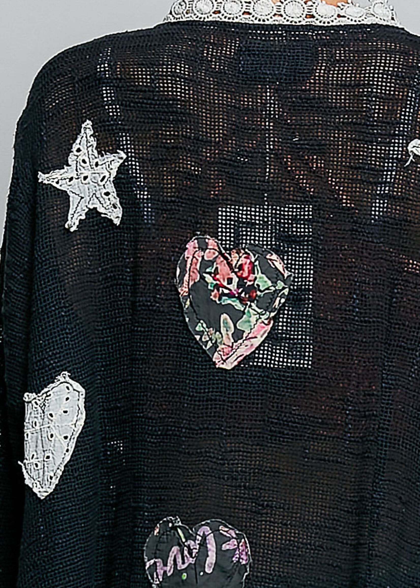 POL Floral Heart and Star Appliqué Crochet Lace Trim Cardigan (Black)