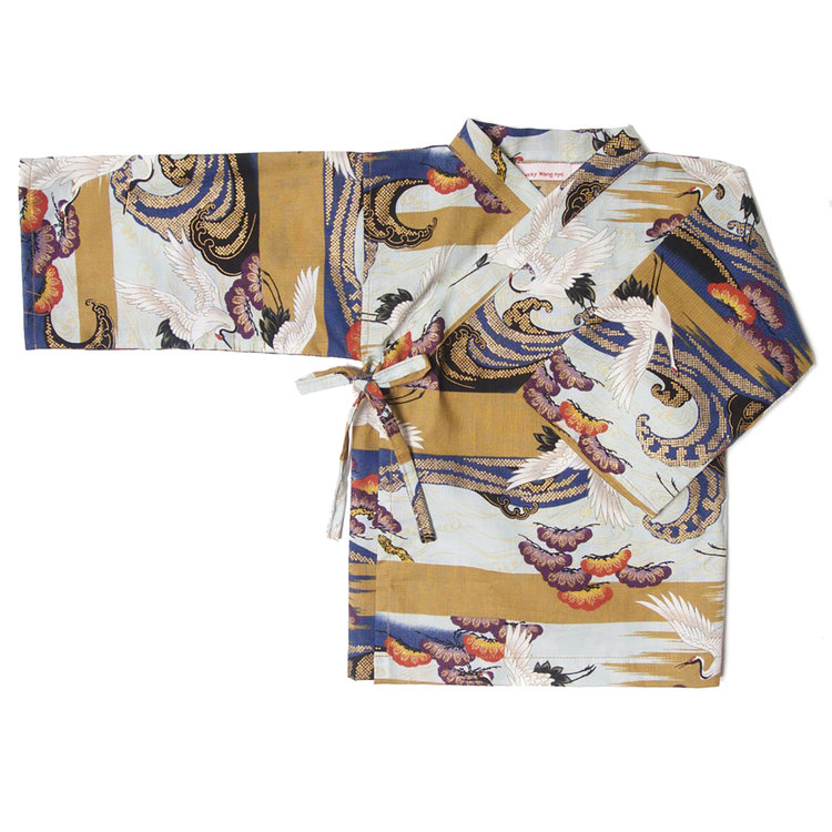 Lucky Wang Kimono Flying Crane Mustard