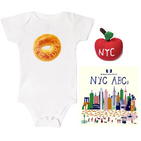 Baby Gift Set: Bagel NY Onesie 6m, Apple Rattle, NYC ABC's Book