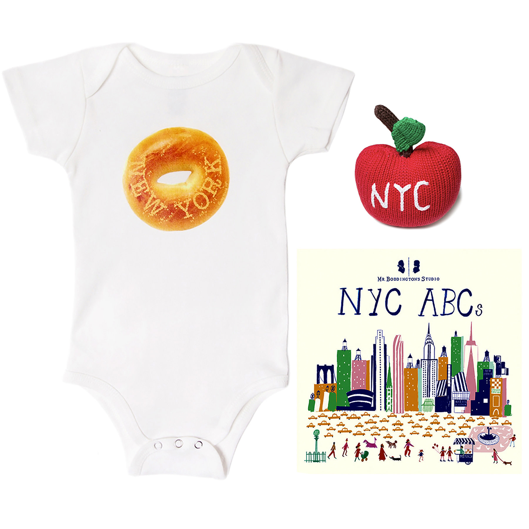 Baby Gift Set: Bagel NY Onesie, Apple Rattle, NYC ABC's Book