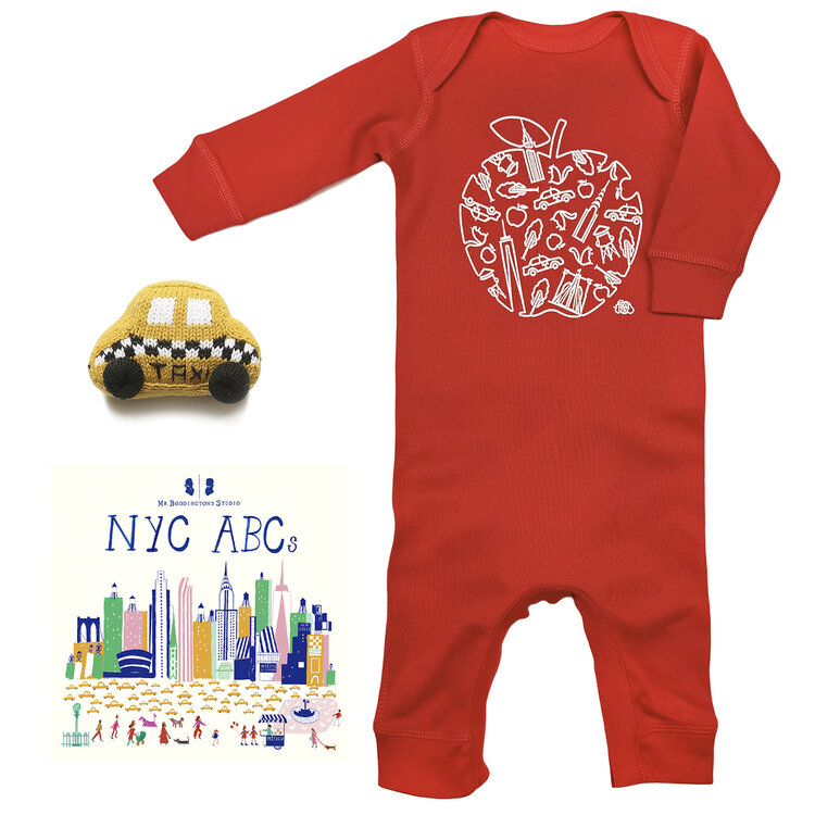 Baby Gift Set: NYC Apple Romper Red 6m, Taxi Rattle, NYC ABC's Book