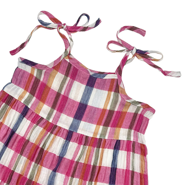 Lucky Wang Crinkle Plaids Pink Zoe Dress