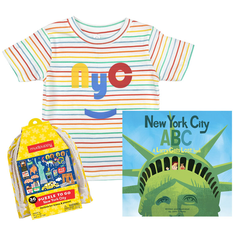 Gift Set: Red/Yellow NYC Stripe Tee 2T, New York City ABC, NYC Puzzle To Go