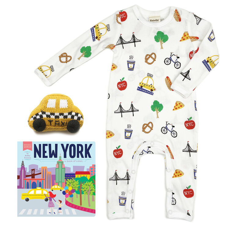 Baby Gift Set: NYC Print Organic Romper 3m, Taxi Rattle, New York: A Book of Colors