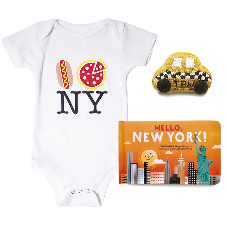 Baby Gift Set:  Pizza NY Onesie 6m, Taxi Rattle, Hello New York