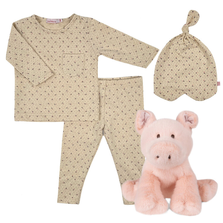 Baby Gift Set: Swiss Dots Floral Playset 6m, Swiss Dots Floral Beanie, Paddy Pig Pink 10"