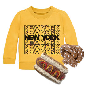 Lucky Wang Baby Gift Set: NEW YORK Tile Sweatshirt Taxi Yellow 6-12m,  Hotdog Rattle, Pretzel Rattle