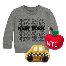 Lucky Wang Baby Gift Set: NEW YORK Tile Sweatshirt Sidewalk Grey 6-12m,  Big Apple Rattle, Taxi Rattle