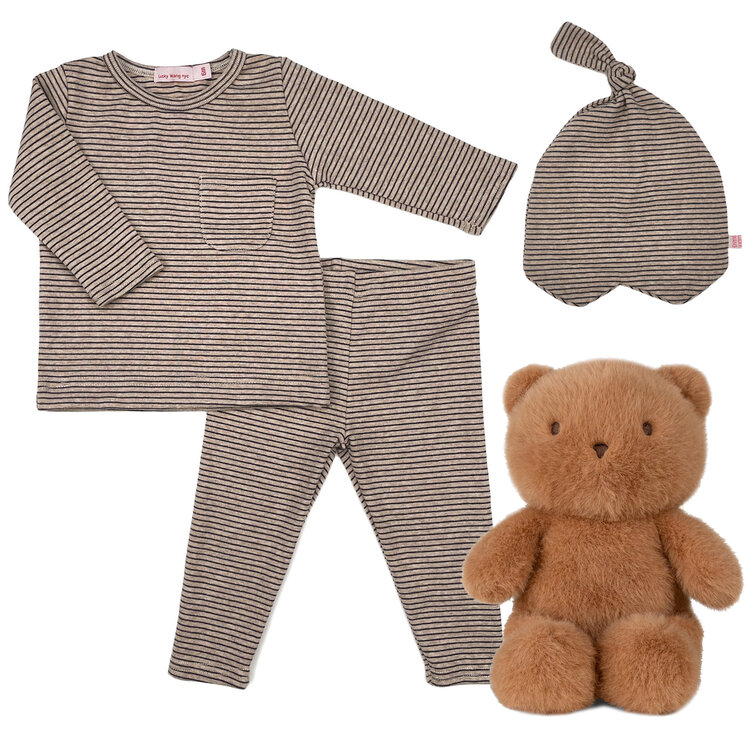 Baby Gift Set: Heather Brown Stripe Playset 6m, Matching Beanie, Bobo Bear Brown 9"
