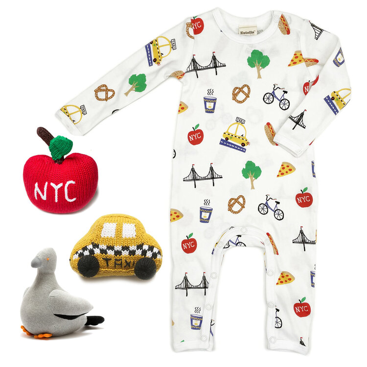 Baby Gift Set: NYC Print Organic Romper 6m,  Pigeon Rattle,  Apple Rattle, Taxi Rattle