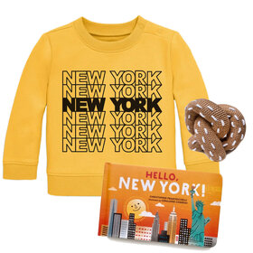 Lucky Wang Baby Gift Set: NEW YORK Tile Sweatshirt Taxi Yellow 6-12m, Pretzel Rattle, Hello New York
